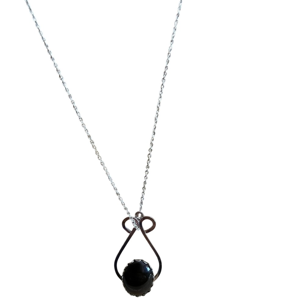 Handmade Silver Tone Black Oval Stone Teardrop Pendant Necklace Boho Gift